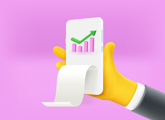 Poster - Businessman holding modern smartphone and show business stats. 3d vector illustration