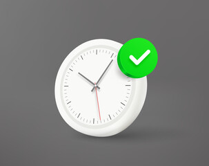 Poster - White clock with green checkmark. 3d vector icon