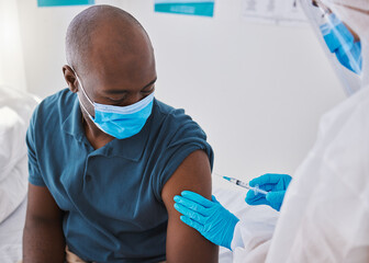 Poster - Vaccine, injection and virus cure for covid, disease and pandemic illness from doctor, healthcare or medical professional. Male patient with mask being injected in arm by hazmat suit frontline worker