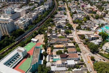 Fototapete - Drone fly over Hong Kong kowloon district