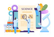© Vectorwonderland - Modern tiny character professional research specialist hold magnifying glass, associate scientist flat vector illustration, isolated on white.