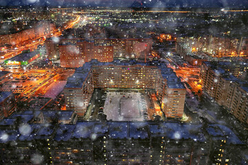 Wall Mural - night city top view winter, architecture top roof facade lights