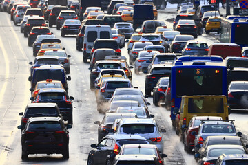 Wall Mural - many cars on the road top view traffic jam rush hour