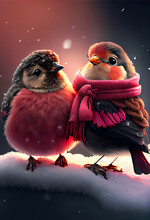 Cute Bird Couple In Love In Wintertime  