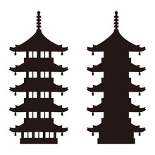 Japanese Pagoda Silhouette Illustration, Buddhist Architecture.