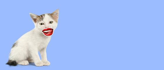 Sticker - Cute funny kitten with red lips on color background with space for text