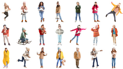 Group of stylish little children in winter clothes on white background