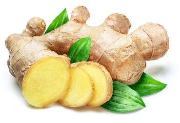 Wall Mural - Ginger root and round slices of ginger root on green leaves isolated on white background.