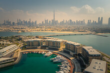 Dubai Marina, Aerial Overview Of Harbour With Dubai Skyline In The Background