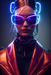 A fictional person, not based on a real person. Portrait of a sci-fi cyberpunk girl. High-tech futuristic woman from the future. The concept of virtual reality and cyberpunk. Generative AI