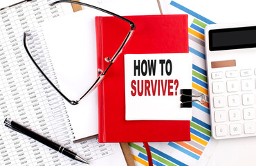 Poster - HOW TO SURVIVE text on notebook with chart, calculator and pen