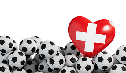 Wall Mural - Switzerland flag heart with a soccer ball background. Football banner. 3D Rendering