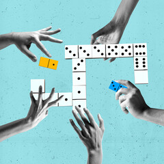 Contemporary art collage. Creative design. Human hands playing domino, making figure to win. Gaming, betting