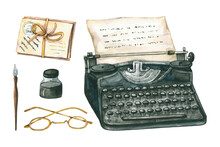 Watercolor Typewriter, Glasses, Pen, Ink, Letter. Hand Drawn Illustration Is Isolated On White. Vintage Things Are Perfect For Book Design, Writers Logo, Labeling