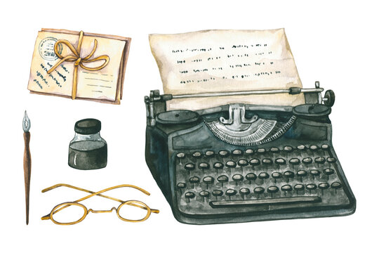 Watercolor typewriter, glasses, pen, ink, letter. Hand drawn illustration is isolated on white. Vintage things are perfect for book design, writers logo, labeling