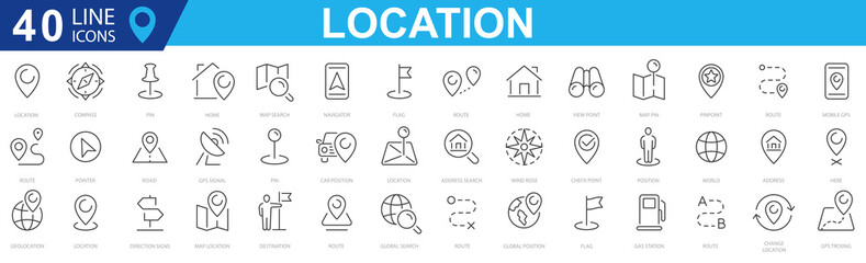 Poster - Location icons set. Navigation, location, GPS elements. Containing map, map pin, gps, destination, directions, distance, place, navigation and address icons. Map pointer icons. Location symbols.