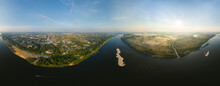 Murom, Russia. The Historical Center Of The City And The River Oka. Morning Fog. Summer. Panorama 360, Aerial View