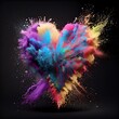 Rainbow exploding heart made from powder on black background. Freeze shape motion of color powder explosion. St. Valentine's Day card creative idea. AI generated image. 