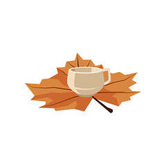 Wall Mural - White cup on leaf vector illustration. Cup and leaf isolated on white background. Hygge autumn concept