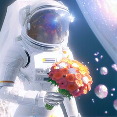 Wall Mural - A fictional person, not based on a real person. Portrait of a fictional astronaut with flowers on his head. High-tech astronaut from the future. The concept of space travel. . Generative AI