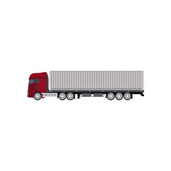 Wall Mural - Trailer truck with container flat vector illustration. Drawing or design of cargo vehicle for infographic isolated on white background. Transport, transportation, delivery concept.