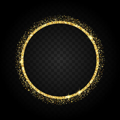 Wall Mural - gold glitter circle frame with sparkling stars isolated on transparent background, luxury border tem