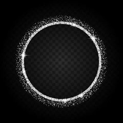 Poster - silver glitter circle frame with sparkling stars isolated on transparent background , luxury border template vector llustration