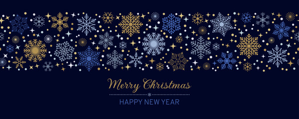 Wall Mural - christmas and happy new year crad, banner template with snowflake seamless border, festive ornate st