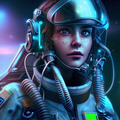 Wall Mural - A fictional person, not based on a real person. Portrait of an fictional astronaut in a spacesuit. High-tech astronaut from the future. The concept of space travel. . Generative AI