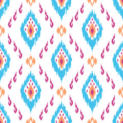 Wall Mural - Ikat ethnic seamless pattern decoration. Aztec fabric carpet boho mandalas textile decor wallpaper. Tribal native motif ornaments African American folk traditional embroidery vector background 