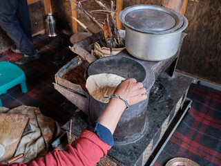 chapati baking in markha valley, ladakh