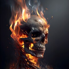 Wall Mural - Blazing skull, fire and smoke on dark background, Ai generated illustration