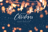 Fototapeta Kawa jest smaczna - Merry Christmas and happy new year, Christmas stars lights with falling snow, snowflakes, Winter and new year holidays.