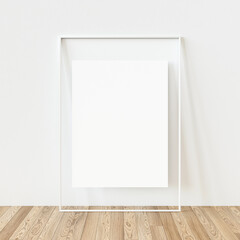 White vertical photo frame with text space on wooden plank floor on white wall background. Empty white picture frame mockup template isolated on white wall indoors. 3d illustration