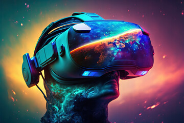 Poster - Metaverse concept and virtual world elements. Silhouette of a human face in augmented or virtual reality headset. 3d illustration, ai