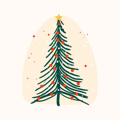 Wall Mural - Decorated Christmas tree with Christmas balls and stars hand drawn flat illustration on white background