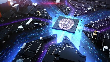 image of the brain on a chip. computer hardware style city with the effect of computing traffic . animations on the theme of the application of technology in large cities