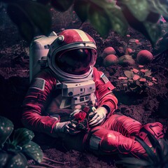 an astronaut on an alien planet. a high-tech astronaut from the future. the concept of space travel.