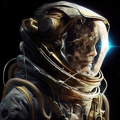 Wall Mural - A fictional person, not based on a real person. Portrait of an fictional astronaut in a spacesuit. High-tech astronaut from the future. The concept of space travel. . Generative AI