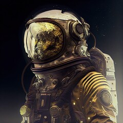 Wall Mural - A fictional person, not based on a real person. Portrait of an fictional astronaut in a spacesuit. High-tech astronaut from the future. The concept of space travel. . Generative AI