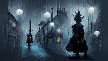 Pixel Art Of A Lone Swordsman Travelling Through A Dreary Rainy Town 10