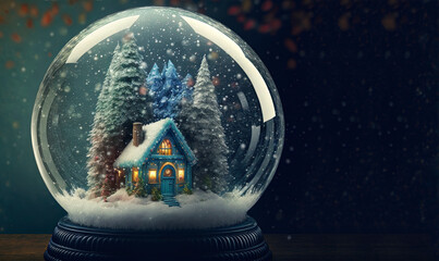 Sticker - winter wonderland with little house and christmas tree inside snow globe, snowfall, carnival.