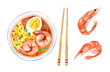 Watercolor set of asian food. Ramen and shrimps. Hand-drawn illustration isolated on the white background