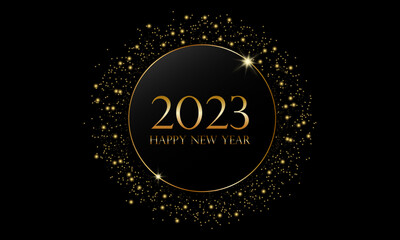 Poster - Shiny golden frame 2023 New Year. Modern luxury black shape and gold glitter gold ring on dark background. Golden circle abstract background. Vector EPS 10