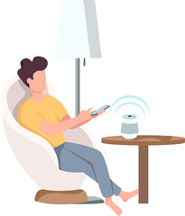 Wall Mural - Man in armchair using wireless cell phone charger semi flat color raster character. Posing figure. Full body person on white. Simple cartoon style illustration for web graphic design and animation