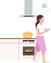 Poster - Girl using smartphone at kitchen semi flat color raster character. Posing figure. Smart home device. Full body person on white. Simple cartoon style illustration for web graphic design and animation