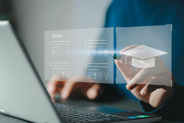 Poster - online exam concept, choose correct answer in test. checklist and online testing on laptop. online exam test with laptop. on-line questionnaire results on desktop. quiz.