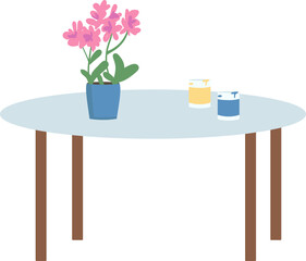 Poster - Coffee table with flower pot and paint jars semi flat color raster object. Contemporary furniture. Full sized item on white. Simple cartoon style illustration for web graphic design and animation