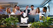 © ihorvsn - Robot sitting at table and typing on keyboard. People applauding. Cyborg working at computer in coworking space. Artificial intelligence, developers, Humanoid IT worker. Multiethnic team cheering up.