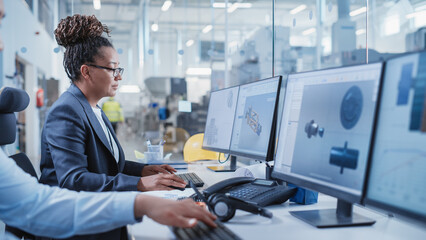 Leinwandbilder - Factory Office Facility: Industrial Engineers Drafting Blueprints of a Heavy Industry Machine Parts on a Computer CAD Software. Modern Technological Industry 4.0 Research and Development Center.